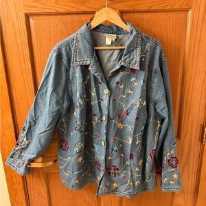 Coldwater Creek Blue Jean Jacket with Floral Embroidery